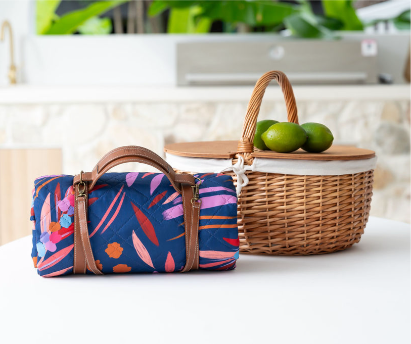 Australian designed picnic rug with wattle print
